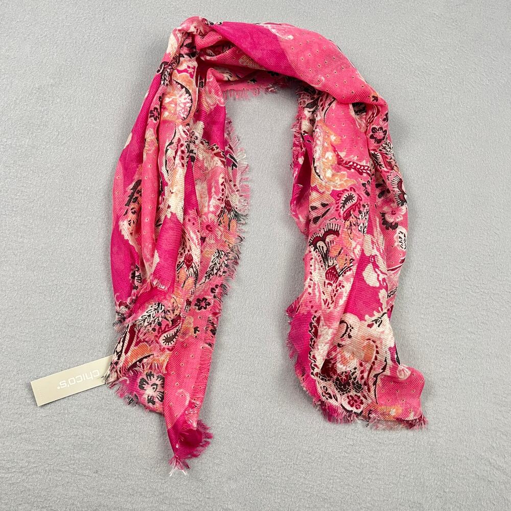 NWT Chico's Square Scarf Pink Paisley Floral Raw Fringe Wrap Shawl Women's OS